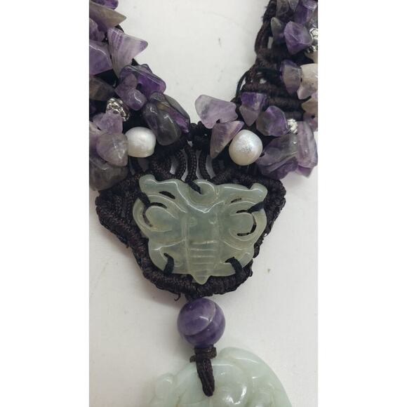 Vintage Necklace Amethyst Genuine Pearl Jade Elephant & Butterfly Pendants - Picture 4 of 13